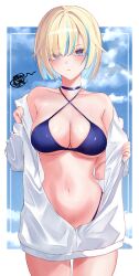 1girl absurdres aizawa_ema bare_shoulders bikini blonde_hair blue_bikini blue_choker blue_eyes blue_hair breasts choker cleavage closed_mouth cloud collarbone eyelashes highres kaeha multicolored_hair navel open_clothes open_shirt shirt short_hair sky solo stomach streaked_hair swimsuit virtual_youtuber vspo! white_shirt