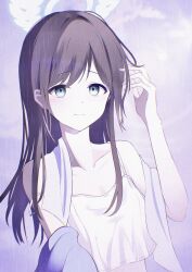 1girl absurdres airi_(blue_archive) alternate_costume black_hair blue_archive closed_mouth green_eyes hand_in_own_hair highres long_hair looking_at_viewer solo tank_top towel ula_ula00 white_tank_top