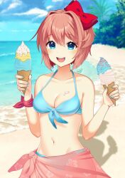 1girl :d beach bikini blue_bikini blue_eyes bow breasts doki_doki_literature_club floral_print food food_on_body food_on_breasts front-tie_bikini_top front-tie_top hair_between_eyes hair_bow hibiscus_print highres holding holding_ice_cream_cone ice_cream ice_cream_cone looking_at_viewer marsieart medium_breasts ocean open_mouth pink_hair pink_sarong red_bow sarong sayori_(doki_doki_literature_club) short_hair smile solo swimsuit