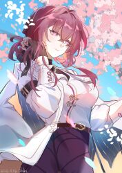 1girl absurdres artist_name belt black_gloves breasts cherry_blossoms closed_mouth coat dated english_text gloves hair_between_eyes hair_bun highres honkai:_star_rail honkai_(series) jacket kafka_(good_me)_(honkai:_star_rail) kafka_(honkai:_star_rail) large_breasts long_hair long_sleeves looking_at_viewer lubeludlk pants petals purple_eyes purple_hair red_hair shirt silk single_side_bun smile solo spider_web very_low_bun white_jacket white_shirt