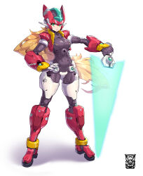Rule 34 | 1girl, absurdres, aile (mega man zx), android, blonde hair, breasts, commentary, english commentary, green eyes, helmet, highres, holding, holding sword, holding weapon, legs apart, long hair, looking at viewer, mar10, medium breasts, mega man (series), mega man zx, model zx (mega man), open hand, red helmet, science fiction, shadow, solo, sword, very long hair, weapon, white background