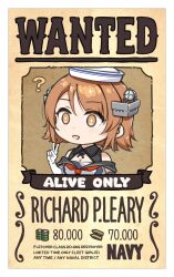 1girl ? aka_ringo black_sailor_collar brown_eyes brown_hair dixie_cup_hat english_text flipped_hair gloves hat highres kantai_collection military_hat neckerchief red_neckerchief richard_p._leary_(kancolle) sailor_collar short_hair solo upper_body v wanted_poster white_gloves white_hat