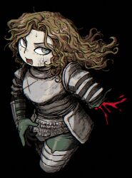 1boy amputee armor black_background blonde_hair blood cropped_legs cuisses dirty dirty_face fear_&amp;_hunger_(series) fear_&amp;_hunger_1 gloves green_gloves green_pants grey_eyes knight le&#039;garde_(fear_&amp;_hunger) long_hair open_mouth pants pauldrons shoulder_armor simple_background sm2_hokke solo sweat vambraces