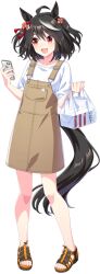 1girl animal_ears bag black_hair brown_overalls cellphone ear_ornament hair_ornament holding holding_bag horse_ears horse_girl horse_tail kfc kitasan_black_(umamusume) legs multicolored_hair official_art overall_skirt overalls phone plastic_bag red_eyes sandals shirt short_hair short_twintails smartphone streaked_hair tail twintails umamusume white_shirt