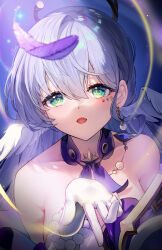 1girl blue_hair bracelet dress earrings face_jewel falling_feathers feathered_wings feathers gloves halo head_wings highres honkai:_star_rail honkai_(series) jewel_under_eye jewelry long_hair looking_at_viewer open_mouth pioko purple_feathers robin_(honkai:_star_rail) signature single_earring solo upper_body white_gloves white_wings wings