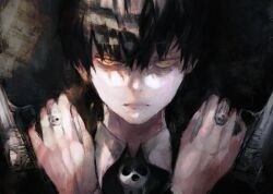 1boy black_background black_hair death_the_kid formal_clothes gun highres holding looking_at_viewer male_focus multicolored_hair object_through_head painterly screw_in_head shaded_face short_hair skull skull_brooch skull_ring solo soul_eater striped_hair suit weapon xa8uofivf2mcart yellow_eyes