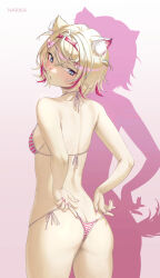 Rule 34 | 1girl, absurdres, adjusting clothes, adjusting swimsuit, animal ear fluff, animal ears, ass, back, bandaid, bandaid hair ornament, bikini, blonde hair, blue eyes, breasts, butt crack, commentary, crossed bangs, different shadow, dog ears, dog girl, dog tail, double-parted bangs, english commentary, from behind, hair between eyes, hair intakes, hair ornament, hairband, highres, hololive, hololive english, horn hairband, looking back, mococo abyssgard, multicolored hair, narika (narikakkkk), pink bikini, pink hair, pink hairband, short hair, side-tie bikini bottom, simple background, small breasts, solo, streaked hair, string bikini, striped bikini, striped clothes, swimsuit, tail, two side up, virtual youtuber, x hair ornament