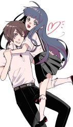 Rule 34 | 1boy, 1girl, :d, age difference, belt, black footwear, black pants, black skirt, blue eyes, blue hair, brown eyes, brown hair, collared shirt, dress shirt, furude rika, hands on another&#039;s hips, heart, highres, higurashi no naku koro ni, ichino (ame0211), jumping, long hair, looking at viewer, maebara keiichi, one eye closed, open mouth, pants, pleated skirt, school uniform, shirt, short hair, short sleeves, skirt, smile, socks, suspender skirt, suspenders, teenage boy and younger girl, teeth, tongue, white background, white shirt, white socks