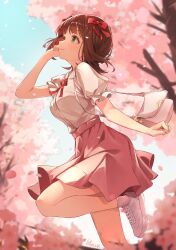 1girl absurdres amami_haruka b1ack_illust bag blue_sky blurry blurry_background blush brown_hair cherry_blossoms closed_mouth commentary cowboy_shot facing_ahead frilled_panties frills from_side green_eyes hair_ribbon hand_up highres idolmaster idolmaster_(classic) idolmaster_million_live! idolmaster_million_live!_theater_days looking_up neck_ribbon panties pink_skirt red_ribbon ribbon shirt shoes short_hair short_sleeves shoulder_bag signature skirt sky smile sneakers socks solo standing standing_on_one_leg underwear white_shirt white_socks