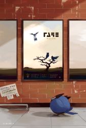 bird brick_wall character_print closed_mouth commentary_request corviknight corvisquire crack cracked_wall gen_8_pokemon highres looking_up mokuzou_(moku_ssbu) nintendo no_humans pokemon pokemon_(creature) poster_(object) red_eyes rookidee solo tile_floor tiles