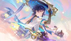 1boy aqua_gemstone aqua_kimono aqua_sleeves armor belt black_belt black_bodysuit black_bow black_hair black_shorts blue_hat blunt_ends bodysuit bow bridal_gauntlets bright_pupils emurina furisode gem genshin_impact gold gradient_sleeves han&#039;eri hand_up hat highres japanese_armor japanese_clothes jewelry jingasa kimono kote kurokote layered_clothes layered_kimono layered_sleeves looking_at_viewer male_focus oar open_clothes open_hand open_kimono pom_pom_(clothes) purple_eyes purple_rope purple_sash ring rope sailor_hat sash scaramouche_(cat)_(genshin_impact) scaramouche_(genshin_impact) short_sleeves shorts single_bare_shoulder single_off_shoulder smile solo star_(sky) star_(symbol) tassel turtleneck turtleneck_bodysuit upper_body vision_(genshin_impact) wanderer_(genshin_impact) white_kimono white_pupils white_sleeves