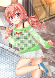 1girl :3 :q blush closed_mouth collarbone commentary_request crepe crossed_bangs day food foot_out_of_frame foot_up from_behind fuyukichi_(nikoniko1567) green_sweater hair_between_eyes hair_intakes hand_up highres holding holding_food inaba_meguru jewelry light_particles looking_at_another looking_at_viewer low_twintails necklace off-shoulder_sweater off_shoulder official_alternate_costume official_alternate_hairstyle orange_hair outdoors red_eyes sandals sanoba_witch shiny_skin short_shorts shorts single_bare_shoulder sleeves_past_wrists smile solo standing standing_on_one_leg sweater thighs tongue tongue_out twintails wavy_hair white_shorts