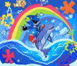 1boy animal animal_ears claws closed_eyes clownfish colorful commentary coral dolphin fish flower frutiger_aero furry furry_male hedgehog_boy hibiscus highres humanoid_robot jumping male_focus meme metal_sonic metalsonicplush ocean outdoors rainbow riding robot solo sonic_(series) star_(symbol) symbol-only_commentary symphony_dolphin_(meme) water