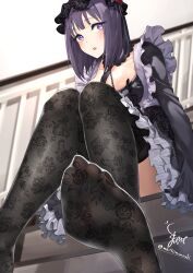 1girl :o absurdres between_breasts black_bonnet black_dress blush bonnet breasts chain chain_leash collarbone cosplay dress feet floral_print floral_print_thighhighs flower frills gothic_lolita highres kitagawa_marin kuroe_shizuku kuroe_shizuku_(cosplay) lace-trimmed_collar lace_trim large_breasts leash lolita_fashion long_hair long_sleeves looking_at_viewer maburoku necktie necktie_between_breasts no_shoes parted_lips purple_eyes purple_hair rose signature sitting soles solo sono_bisque_doll_wa_koi_wo_suru toes twitter_username