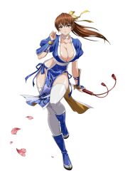 Rule 34 | 1girl, arm guards, blush, breasts, brown eyes, brown hair, choker, cleavage, collarbone, dead or alive, dead or alive 6, female focus, hair ribbon, highres, japanese clothes, kasumi (doa), langrisser, langrisser mobile, large breasts, long hair, looking at viewer, matching hair/eyes, ninja, off shoulder, official alternate costume, official art, panties, pelvic curtain, ponytail, ribbon, shin guards, side-tie panties, solo, thighhighs, underwear, white background, white thighhighs, yellow ribbon