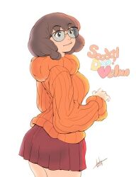 1girl 2014 breasts brown_hair brown_skirt character_name cowboy_shot freckles glasses ittoku_art long_sleeves medium_breasts medium_hair orange_sweater pleated_skirt scooby-doo signature skirt solo sweater turtleneck turtleneck_sweater velma_dinkley wavy_mouth white_background
