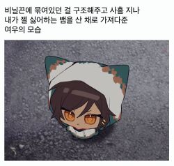 1boy animal_ears brown_eyes brown_hair chibi cloak closed_mouth dark-skinned_female dark_skin e.g.o_(project_moon) fox_ears hood hood_up hooded_cloak korean_text limbus_company outis_(project_moon) project_moon raincoat solo sunshower_(e.g.o) translation_request white_cloak white_raincoat yippee