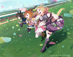 Rule 34 | 3girls, admire vega (umamusume), animal ears, armor, asymmetrical gloves, bare shoulders, black gloves, black shirt, blonde hair, boots, bow, bowtie, breasts, brooch, brown gloves, brown hair, brown thighhighs, closed mouth, coat, confetti, crown, dated, detached sleeves, fingerless gloves, gloves, horse ears, horse girl, horse tail, jewelry, long hair, long sleeves, mini crown, mismatched gloves, multiple girls, narita top road (umamusume), open mouth, orange hair, outdoors, ponytail, purple coat, purple shorts, running, see-through clothes, see-through sleeves, shadow, shirt, short hair, short shorts, shorts, shoulder armor, sleeveless, sleeveless shirt, small breasts, smile, sweat, t.m. opera o (umamusume), tail, takuzui, thigh strap, thighhighs, twitter username, umamusume, umamusume: road to the top, white gloves, white shirt, white thighhighs, yellow boots