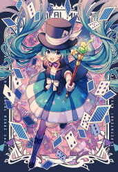 1girl :d ace_(playing_card) ace_of_spades amagi_hana black_hat blue_border blue_dress blue_eyes blue_hair blush boots border card commentary_request dress eight_of_spades four_of_spades full_body gloves hair_ornament hat hat_ribbon hatsune_miku highres holding holding_wand jacket knee_boots long_hair looking_at_viewer magical_mirai_miku magical_mirai_miku_(2013) nine_of_spades open_clothes open_jacket open_mouth outline outstretched_arm pink_background playing_card ribbon seven_of_spades short-sleeved_jacket short_sleeves six_of_spades smile solo spade_(shape) standing standing_on_one_leg star_(symbol) star_hair_ornament three_of_spades twintails two_of_spades vocaloid wand white_boots white_gloves white_outline white_ribbon