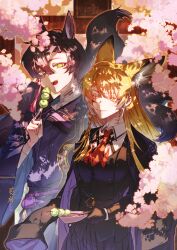 Rule 34 | absurdres, animal ear fluff, animal ears, arknights, black coat, black gloves, black hair, black jacket, black vest, blonde hair, braid, chinese commentary, closed mouth, coat, coat on shoulders, collared shirt, dango, extra ears, food, fox boy, fox ears, fox girl, fox tail, gloves, green eyes, highres, holding, holding food, holding skewer, husband and wife, jacket, kitsune, kyuubi, long hair, long sleeves, multiple tails, necktie, open mouth, orange eyes, red necktie, shirt, side braid, skewer, sther-vita, suzuran&#039;s father (arknights), tail, teeth, upper teeth only, vest, vulpisfoglia (arknights), wagashi, white shirt