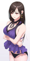 1girl bare_arms bare_legs bare_shoulders black_bow black_bowtie black_hair black_panties blue_dress bowtie breast_hold breasts cameltoe cleavage closed_mouth clothes_lift commentary_request crossed_arms dress dress_lift earrings final_fantasy final_fantasy_vii final_fantasy_vii_remake gradient_background highres jewelry large_breasts lifting_own_clothes lips long_hair looking_at_viewer neck official_alternate_costume panties red_eyes serious sleeveless sleeveless_dress solo square_enix standing straight_hair thighs tifa_lockhart tifa_lockhart_(refined_dress) underwear wakagon0727 wall_market white_background
