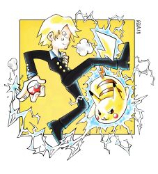 1boy absurdres black_suit blonde_hair blue_shirt cigarette commentary creatures_(company) curly_eyebrows dwalkn electricity facial_hair formal_clothes full_body game_freak gen_1_pokemon goatee highres holding holding_cigarette holding_poke_ball nintendo one_piece pikachu poke_ball pokemon pokemon_(creature) sanji_(one_piece) shirt short_hair suit twitter_username yellow_background