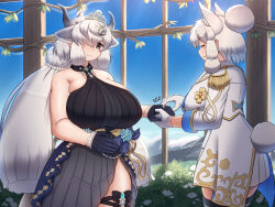 alpaca_ears alpaca_girl alpaca_suri_(kemono_friends) alpaca_tail alternate_costume animal_ears ascot asymmetrical_dress bare_shoulders black_choker black_dress black_gloves black_shoes black_thighhighs blue_eyes blue_shirt blush breasts choker cowboy_shot crown dress epaulettes extra_ears frilled_dress frills gloves gold_jacket hair_bun hair_over_one_eye hair_tubes half_gloves high_heels highres huge_breasts jacket jewelry kemono_friends kemono_friends_3 large_breasts long_hair long_sleeves looking_at_viewer mo23 multicolored_jacket multiple_girls neck_ruff official_alternate_costume orange_eyes ox_ears ox_girl ox_horns ox_tail palace pleated_skirt ring shirt shoes short_hair sidelocks single_hair_bun skirt sleeveless smile suit_jacket tail thick_thighs thigh_strap thighhighs thighs twintails two-tone_jacket two-tone_shirt white_ascot white_gloves white_hair white_jacket white_shirt white_skirt yak_(kemono_friends) zettai_ryouiki