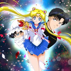 1boy 1girl anello81 bishoujo_senshi_sailor_moon bishoujo_senshi_sailor_moon_r black_shirt blonde_hair blue_eyes blue_sailor_collar blue_skirt chiba_mamoru choker circlet commentary cutie_moon_rod double_bun elbow_gloves english_commentary falling_petals gloves hair_bun highres leotard long_hair magical_girl moonlight_knight petals pink_choker sailor_collar sailor_moon sailor_senshi_uniform school_uniform serafuku shirt short_hair signature skirt tsukino_usagi twintails white_gloves white_leotard white_mask