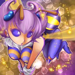 1girl :o antennae arthropod_girl bee bee_girl blue_eyes bug capcom darkstalkers female_focus insect insect_girl jam_mate lowres monster_girl pantyhose purple_hair purple_pantyhose q-bee short_hair solid_eyes solo wings