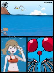 1girl arm_at_side armpit_crease artist_logo artist_name beach bikini blue_eyes breasts brown_hair clenched_hand comic eyelashes fankifalu fingernails gen_1_pokemon hand_up heart heart-shaped_pupils highres holding holding_poke_ball logo looking_at_another looking_at_viewer may_(pokemon_oras) medium_hair midriff navel nintendo ocean one_eye_closed open_mouth outdoors poke_ball pokemon pokemon_(creature) pokemon_oras ponytail red_bikini short_ponytail sidelocks small_breasts swept_bangs swimsuit symbol-shaped_pupils tentacles tentacruel underwater upper_body v wink