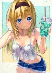 Rule 34 | 1girl, alternate costume, bare shoulders, bead bracelet, beads, black hairband, blonde hair, blue eyes, blush, border, bracelet, breasts, camisole, casual, chitose sana, closed mouth, collarbone, colored eyelashes, commentary request, cowboy shot, cup, denim, disposable cup, eyelashes, gradient background, hair between eyes, hair down, hair intakes, hairband, hands up, happy, heart, highres, holding, holding cup, ice, ice cube, jewelry, long hair, looking at viewer, marker (medium), midriff, navel, outside border, ribbon, simple background, small breasts, smile, solo, spaghetti strap, tenshinranman, traditional media, white border, white camisole, white ribbon, yuto takumi