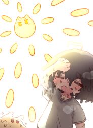 Rule 34 | 3girls, = =, ahoge, black hair, closed eyes, fang, grey shirt, highres, jitome, kemomimi-chan (naga u), melting, multiple girls, naga u, naga u-chan, open mouth, original, red eyes, shirt, short hair, short sleeves, sun, sweat, thick eyebrows, v-shaped eyebrows