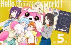 5girls absurdres bang_dream! blonde_hair blue_hair character_hat_ornament group_name hello_happy_world! highres kitazawa_hagumi long_hair mascot_costume mascot_head matsubara_kanon michelle_(bang_dream!) multiple_girls okusawa_misaki orange_hair ponytail purple_eyes purple_hair seta_kaoru short_hair smile tsurumaki_kokoro yellow_eyes