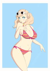 1girl :p absurdres bikini blonde_hair blue_eyes border breasts cleavage collarbone cowboy_shot curvy earrings eyewear_on_head hair_ornament hairclip highres jewelry large_breasts nahone_peko navel persona persona_5 red_bikini solo stomach striped_bikini striped_clothes stud_earrings sunglasses swimsuit takamaki_anne tongue tongue_out twintails wavy_hair white-framed_eyewear white_border wide_hips