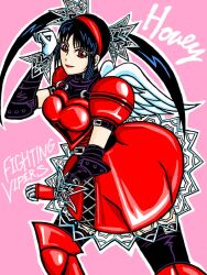 1girl arm_up armor armored_dress artist_request black_hair character_name dress english_text fake_wings fighting_vipers gloves hairband honey_(fighting_vipers) red_dress sega tagme twintails wings