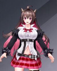 1girl 3d action_taimanin animated breasts brown_hair curvy horns large_breasts lilith-soft long_hair miniskirt multicolored_hair pink_eyes pink_hair pointy_ears rina_(taimanin_asagi) screencap shirt skirt smile solo sound standing tagme taimanin_(series) talking very_long_hair video white_shirt wide_hips