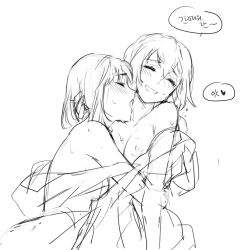 Rule 34 | 2girls, aoba moca, bamboo9545, bang dream!, blush, breasts, closed eyes, commentary request, greyscale, korean text, licking, licking another&#039;s neck, mitake ran, monochrome, multiple girls, nipples, off shoulder, open mouth, small breasts, speech bubble, translation request, yuri