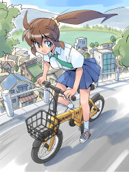1girl bicycle blue_skirt brown_hair building cityscape commentary day green_eyes green_necktie highres hill house long_hair looking_at_viewer masuki necktie original outdoors ponytail riding riding_bicycle road school_uniform shirt skirt solo tree white_shirt