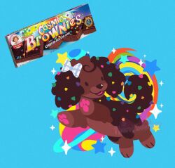 animal animal_focus brown_dog brownie_(food) colorful commentary cosmic_brownies dog english_commentary food-themed_creature full_body little_debbies no_humans no_lineart original pawpads planet puppy reference_inset simple_background sparkle sprinkles tigress_(necromeowncer) watermark