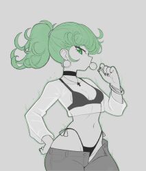 1girl alternate_costume alternate_hairstyle aura bikini bikini_under_clothes black_bikini black_choker blowing_bubbles bracelet breasts champchidi chewing_gum choker clothes_pull cowboy_shot crop_top cropped_shirt cross cross_necklace earrings eyelashes fingernails green_eyes green_hair greyscale hand_on_own_hip hand_up highres hoop_earrings jewelry long_sleeves looking_at_viewer monochrome multiple_bracelets nail_polish navel necklace one-punch_man open_fly pants pants_pull ponytail profile see-through_clothes see-through_shirt shirt sideways_glance small_breasts solo spot_color swimsuit tatsumaki