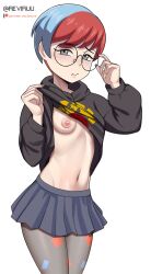 Rule 34 | 1girl, adjusting eyewear, black-framed eyewear, breasts, closed mouth, clothes lift, commentary, cowboy shot, glasses, grey eyes, hands up, highres, hood, hoodie, hoodie lift, lifting own clothes, long sleeves, looking at viewer, multicolored hair, navel, nintendo, nipples, no bra, pantyhose, patreon logo, penny (pokemon), pleated skirt, pokemon, pokemon sv, print hoodie, red hair, reviruu, round eyewear, short hair, simple background, skirt, solo, twitter username, two-tone hair, white background