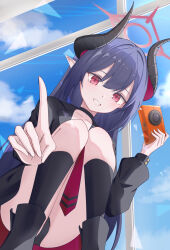 1girl :d absurdres black_boots black_choker black_hair black_horns black_panties black_shirt black_socks blue_archive blue_sky blush boots camera chiaki_(blue_archive) choker cloud collarbone collared_shirt commentary curved_horns day demon_girl demon_horns dere_mono_j dutch_angle eyelashes feet_out_of_frame from_below grin hair_between_eyes halo hand_up happy highres holding holding_camera horns index_finger_raised indoors kneehighs long_hair long_sleeves looking_at_viewer necktie open_mouth panties pointy_ears puffy_long_sleeves puffy_sleeves red_eyes red_halo red_necktie school_uniform shirt sky smile socks solo squatting straight_hair thighs tsurime underwear very_long_hair window