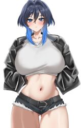 1girl belt black_belt black_hair black_jacket black_shorts blue_eyes blue_hair blush breasts closed_mouth collarbone cropped_shirt earrings gluteal_fold gradient_hair hair_intakes highres hololive hololive_english jacket jewelry large_breasts micro_shorts midriff multicolored_hair navel open_clothes open_jacket ouro_kronii shorts solo sweat white_background yobi_(ybpac18)