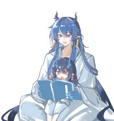 Rule 34 | 2girls, :d, :o, aged down, arknights, black hair, blue hair, book, chinese commentary, colored extremities, commentary request, dragon girl, dragon horns, dusk (arknights), earrings, hair between eyes, highres, holding, holding book, horns, jewelry, ling (arknights), long hair, long sleeves, multicolored hair, multiple girls, open book, open mouth, orange eyes, pointy ears, reading, robe, shang ge promax, siblings, simple background, sisters, sitting, sitting on lap, sitting on person, smile, streaked hair, white background, white hair, white robe