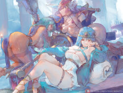Rule 34 | 3girls, armor, ass, bare shoulders, blue hair, blue hat, blue jacket, blue tabard, bodysuit, breasts, circlet, cleavage, cutesexyrobutts, dragon quest, dragon quest iii, dress, elbow gloves, gloves, hat, helmet, high heels, highres, jacket, large breasts, long hair, long sleeves, looking at viewer, looking back, mace, mitre, multiple girls, navel, off shoulder, open mouth, orange bodysuit, orange eyes, priest (dq3), purple eyes, purple hair, red armor, red eyes, sage (dq3), short dress, slingshot swimsuit, staff, swimsuit, sword, tabard, thigh strap, thighs, warrior (dq3), weapon, white dress, winged helmet