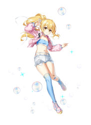 1girl absurdres arm_up asymmetrical_legwear bandeau blonde_hair blue_bandeau blue_socks blue_thighhighs breasts choker closers collarbone exposed_pocket full_body hair_ribbon highres jacket kneehighs long_hair long_sleeves looking_at_viewer lucy_(closers) midriff navel official_art open_clothes open_jacket parted_lips pink_jacket pink_shoes ponytail ribbon shoes short_shorts shorts single_kneehigh single_sock single_thighhigh small_breasts socks solo stomach strapless thighhighs thighs torn_clothes torn_shorts tube_top white_choker white_shorts yellow_eyes