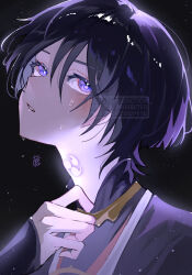 Rule 34 | 1boy, absurdres, armor, backlighting, black bodysuit, black hair, black kimono, blunt ends, bodysuit, collar tug, colored inner hair, eyelashes, eyeliner, eyeshadow, genshin impact, glowing markings, gold, grey hair, highres, japanese armor, japanese clothes, jewelry, juban, kimono, kote, kurokote, looking up, makeup, male focus, mandarin collar, mitsudomoe (shape), multicolored hair, neck ring, nero hanken, open mouth, portrait, purple hair, red eyeliner, red eyeshadow, red kimono, scaramouche (genshin impact), solo, streaked hair, tears, tomoe (symbol), watermark, white kimono, white mouth