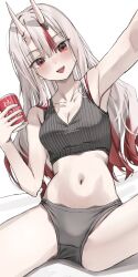 1girl absurdres alternate_costume black_panties black_shirt blush breasts can cleavage commentary crop_top gradient_hair grey_hair hair_between_horns highres holding holding_can hololive horns long_hair looking_at_viewer multicolored_hair nakiri_ayame navel oni outstretched_arm panties red_eyes red_hair scarlet_(wv0102) shirt simple_background sitting skin-covered_horns smile solo spread_legs streaked_hair symbol-only_commentary underwear virtual_youtuber white_background