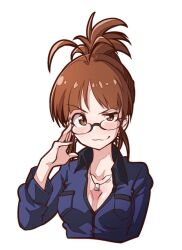 1girl adjusting_eyewear akizuki_ritsuko antenna_hair blue_shirt blush breast_pocket breasts brown_eyes brown_hair closed_mouth collarbone commentary_request cropped_torso glasses hand_up idolmaster idolmaster_(classic) idolmaster_2 jewelry kakaobataa long_hair long_sleeves looking_at_viewer medium_breasts necklace pocket shirt simple_background smile solo white_background
