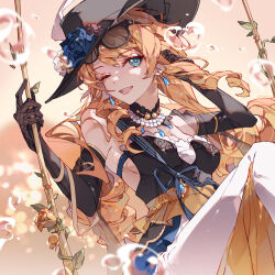 1girl ;d bead_necklace beads black_dress black_gloves black_hat blonde_hair blue_eyes breasts cleavage commentary dress earrings elbow_gloves english_commentary eyewear_on_head genshin_impact gloves hat highres jewelry long_hair looking_at_viewer navia_(genshin_impact) necklace on_swing one_eye_closed open_mouth small_breasts smile solo sunglasses swing very_long_hair yeurei